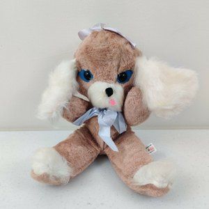 Vintage Ideal Toy Corp. Whimsical Plush Puppy Dog with Purple / Blue Satin Bows